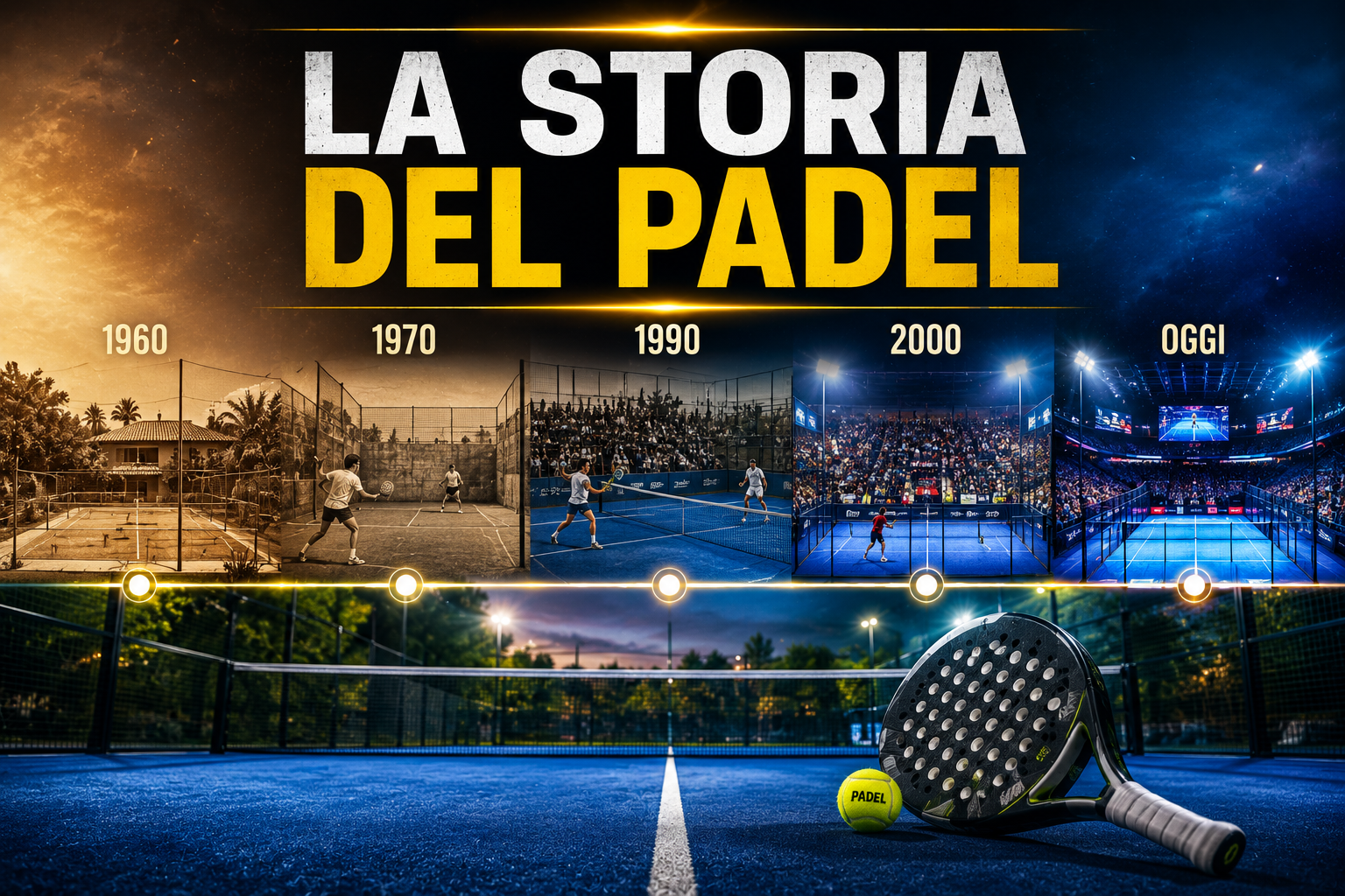 Timeline illustrata della storia del padel dalle origini a oggi