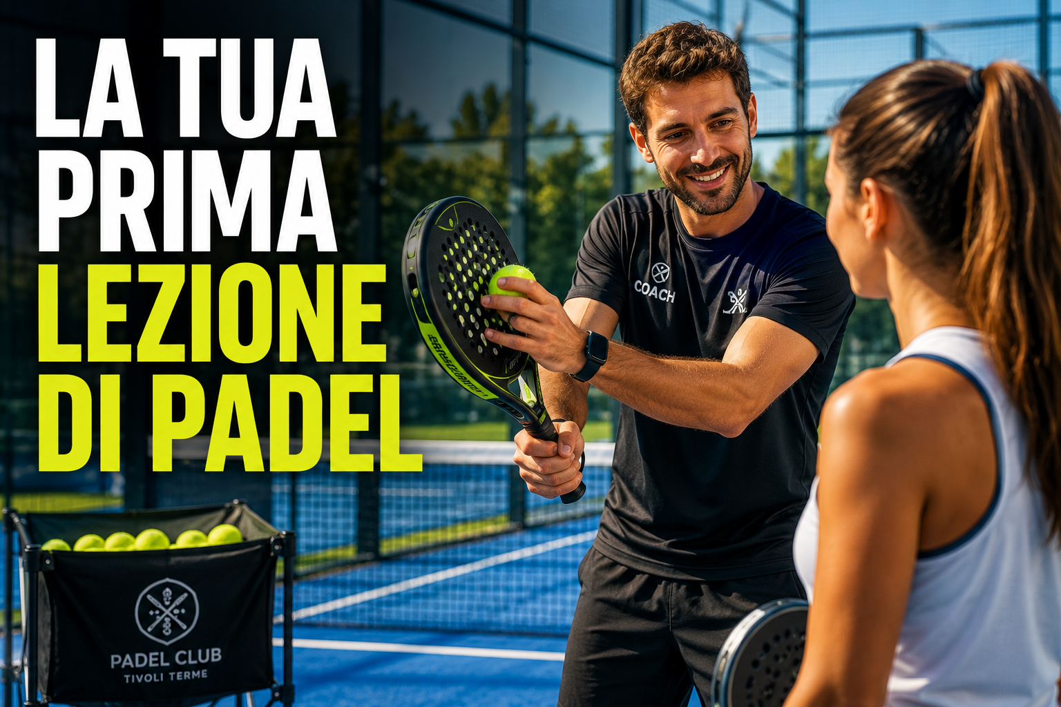 Maestro di padel che spiega la tecnica a una principiante in campo