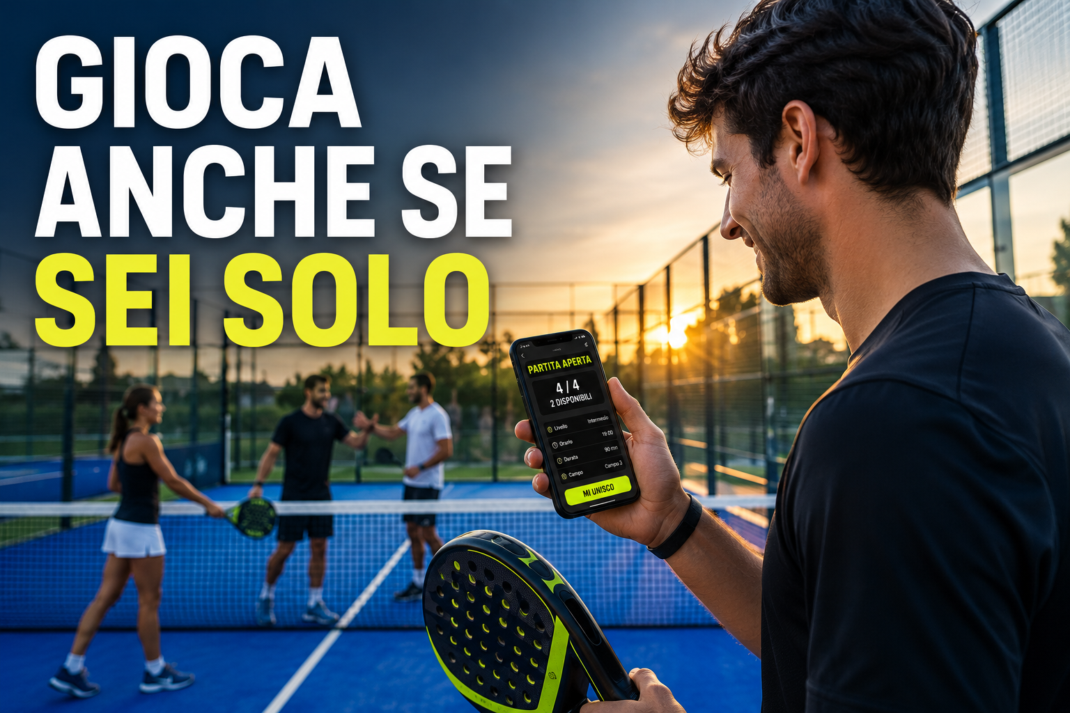 Giocatore con smartphone che mostra una partita aperta di padel