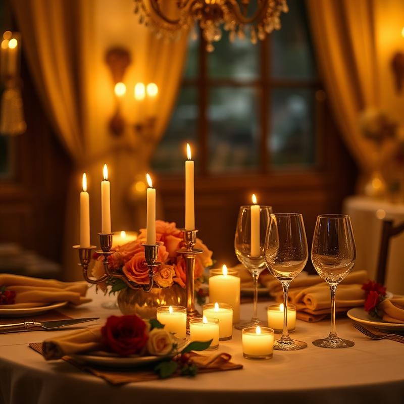 Tavolo elegante per anniversario con candele e fiori
